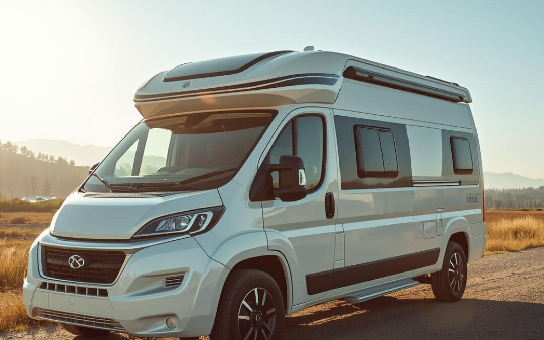 A modern white camper van parked on a dirt road alongside a golden field, illuminated by the warm glow of the setting sun with distant mountains in the background - www.callawayinsuranceagent.com